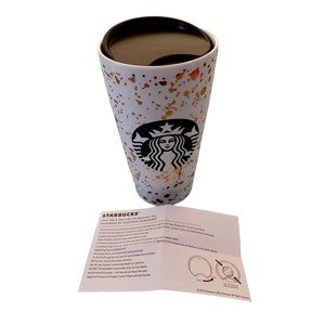 Starbucks Coffee Tea Ceramic 8.5" Travel Cup Gold Flakes Mug 12oz w/ Lid Speck